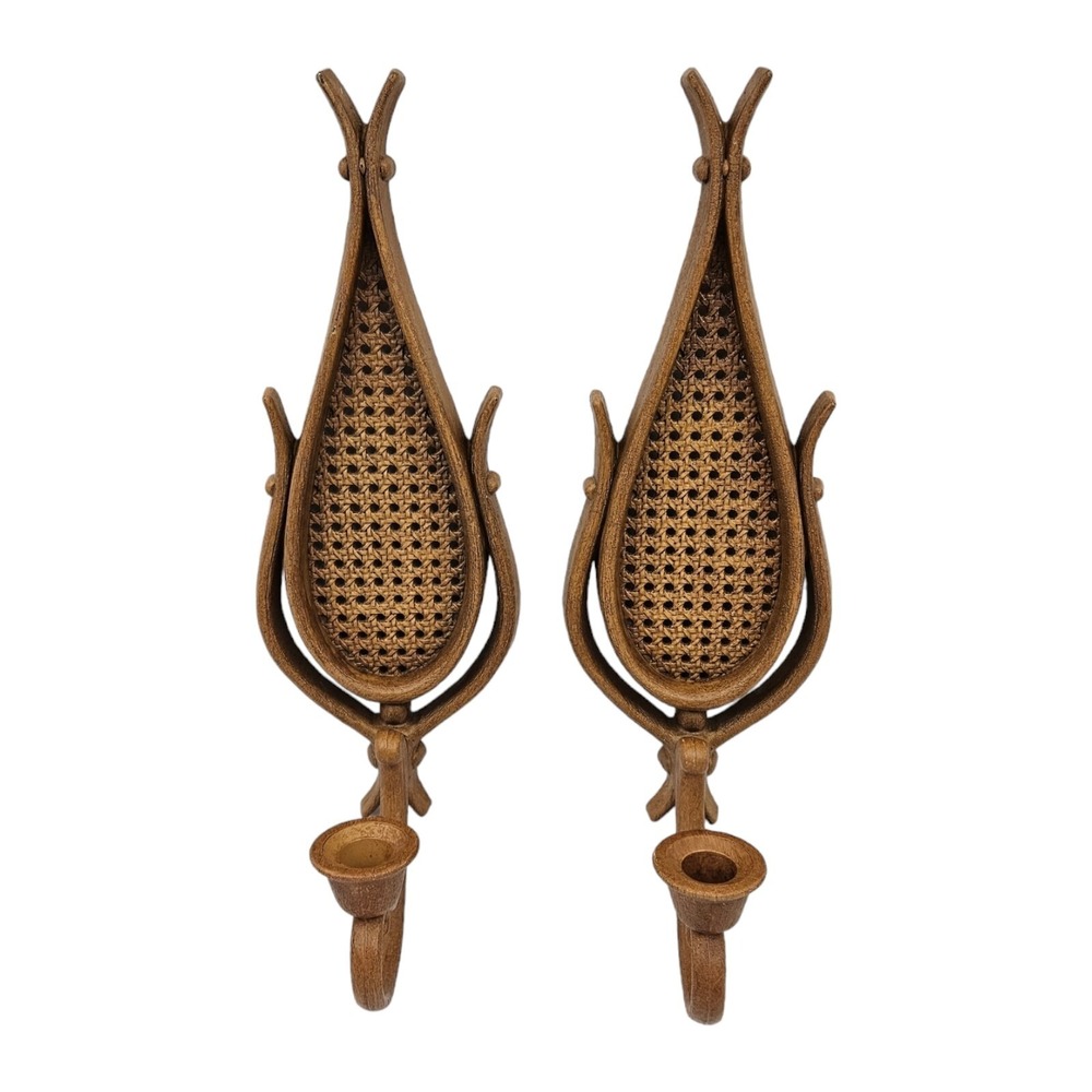 Vintage Homco Rattan Teardrop Candle Sconce Holders w Cups Wall Mount Boho - Picture 4 of 11